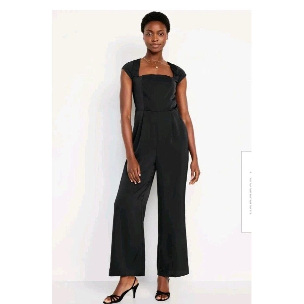 Old Navy Satin Fit & Flare Open Back Jumpsuit Black Womens Small Tall NEW!